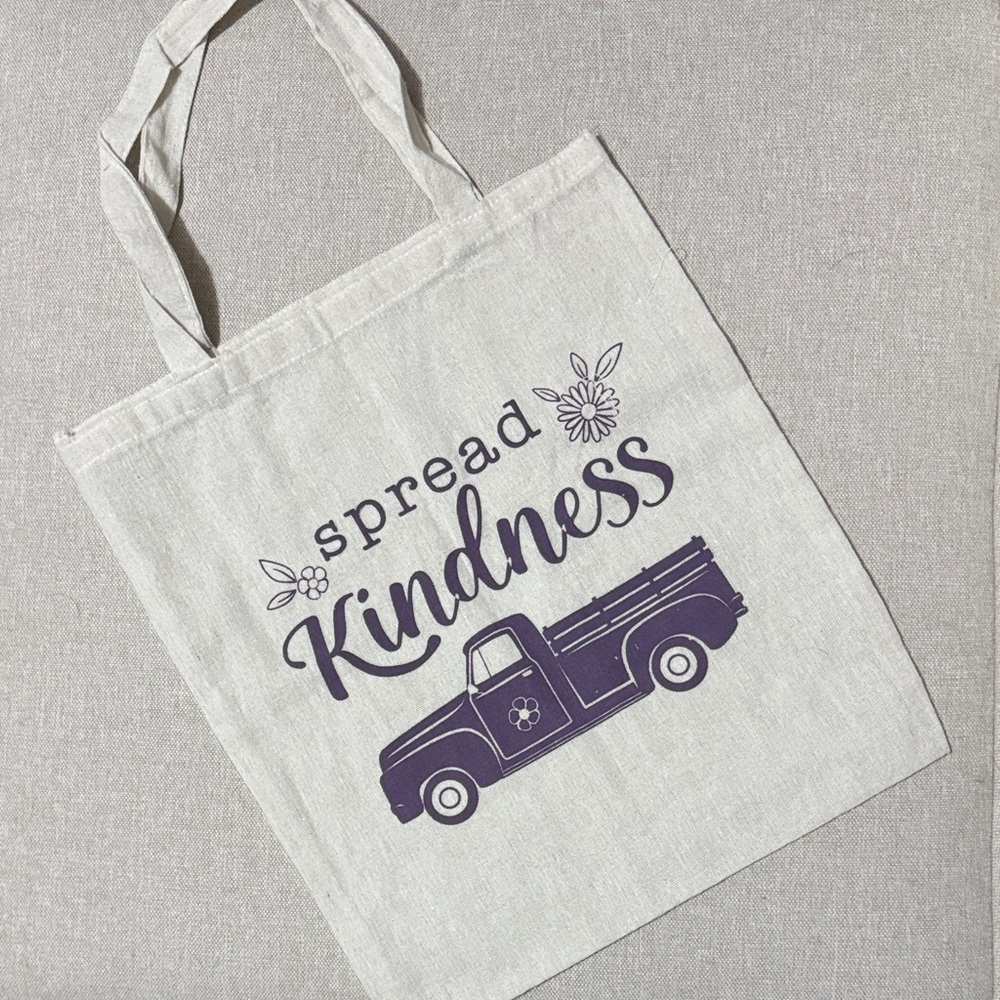 “Spread Kindness” Cloth Shoppers Tote-15x13.5 inches-Unused-Ecru/Purple
